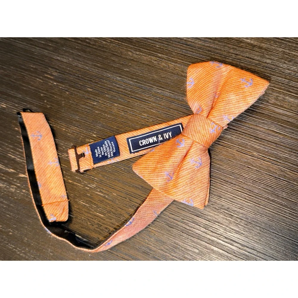 Crown Ivy Orange Anchor Print Silk Blend Pre Tied Bow‎ Tie Mens Nautical